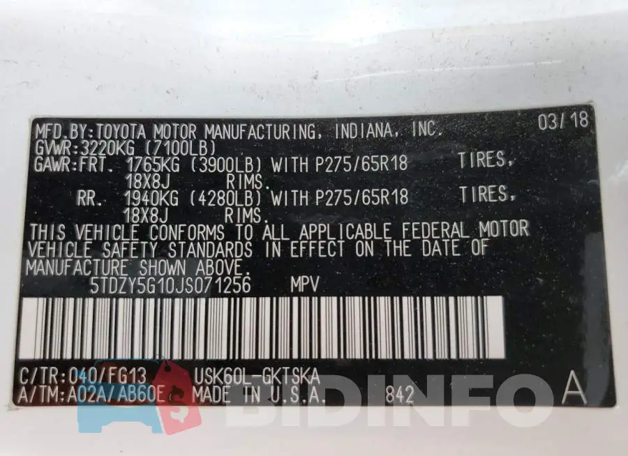 5TDZY5G10JS071256 Photo# 13