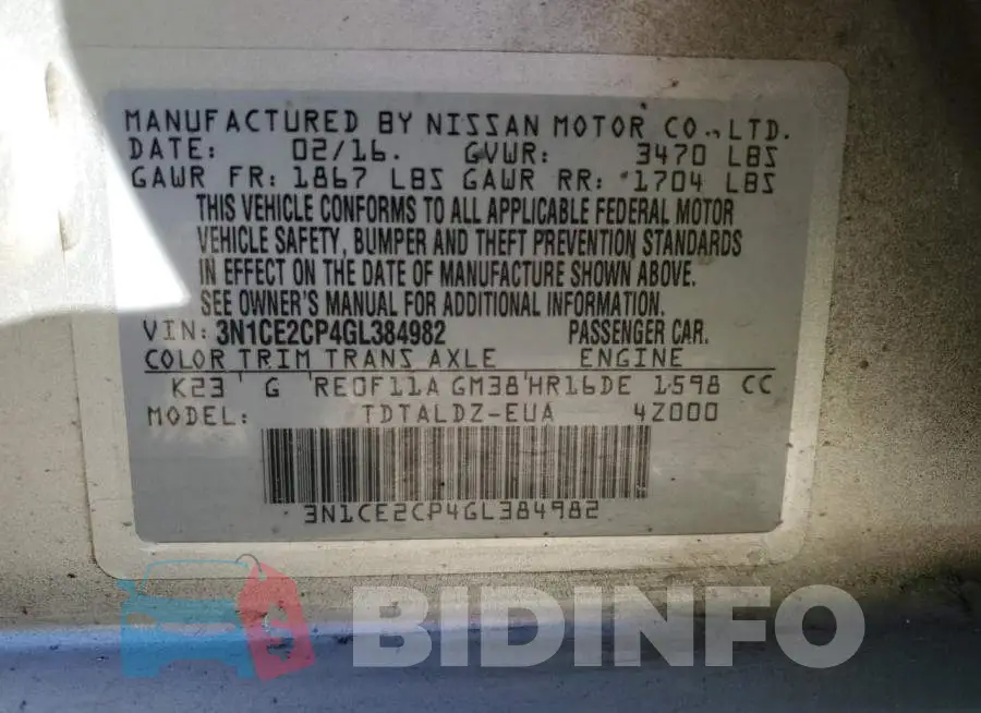 3N1CE2CP4GL384982 Photo# 12
