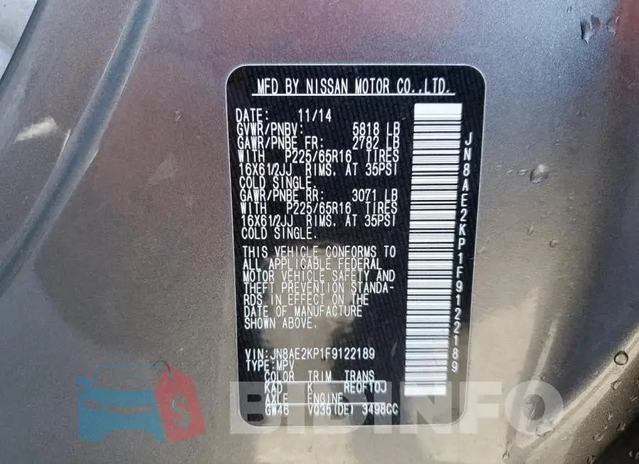 JN8AE2KP1F9122189 Photo# 14