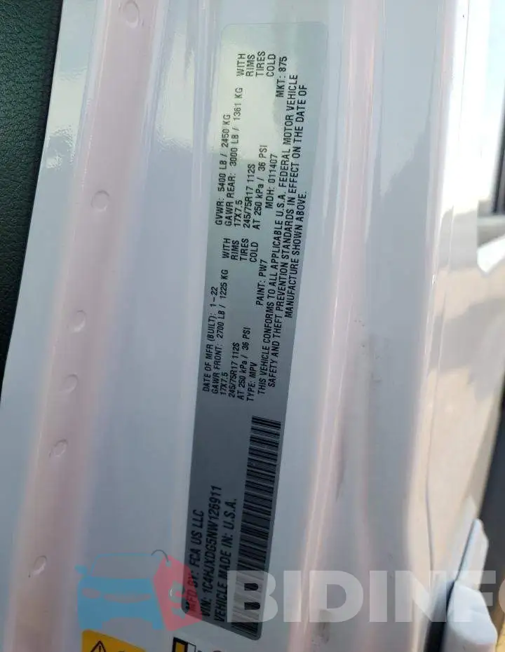 1C4HJXDG5NW126911 Photo# 10