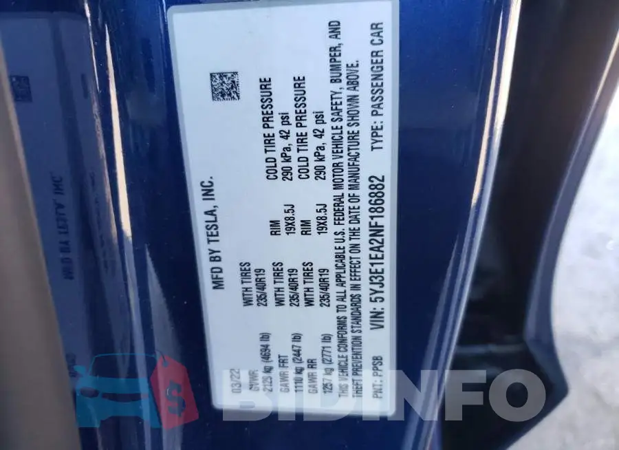 5YJ3E1EA2NF186882 Photo# 13