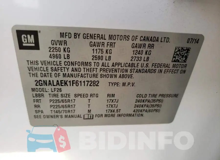2GNALAEK1F6117282 Photo# 14