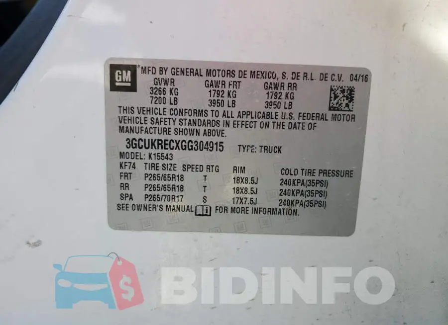 3GCUKRECXGG304915 Photo# 12