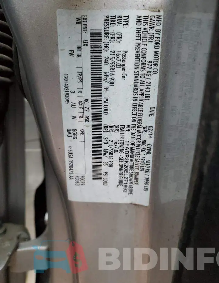 1FADP3K20EL271892 Photo# 13