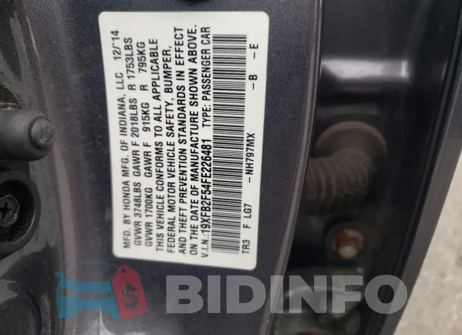 19XFB2F54FE226481 Photo# 12