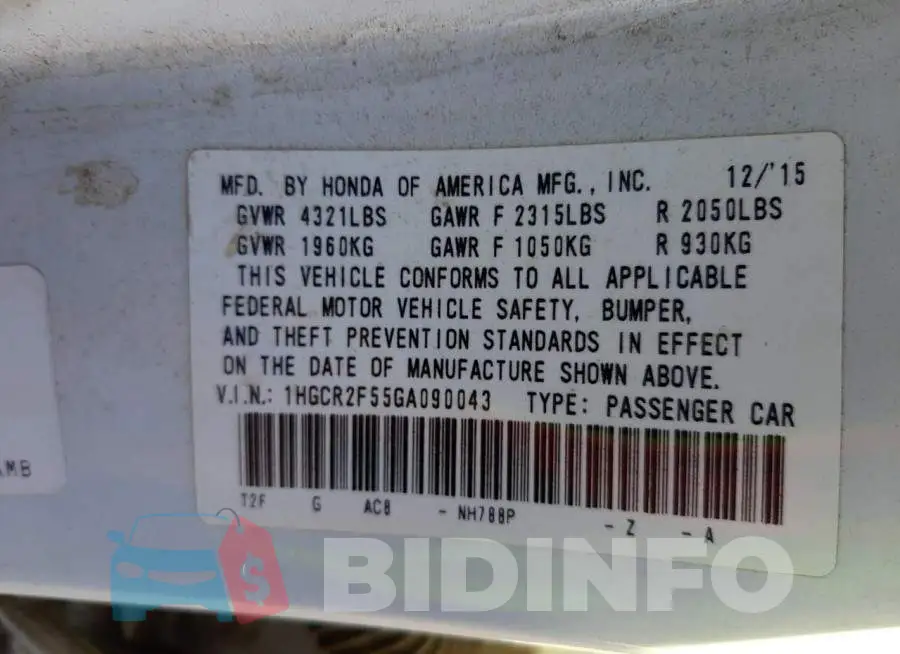1HGCR2F55GA090043 Photo# 12