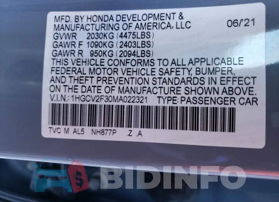 1HGCV2F30MA022321 Photo# 12