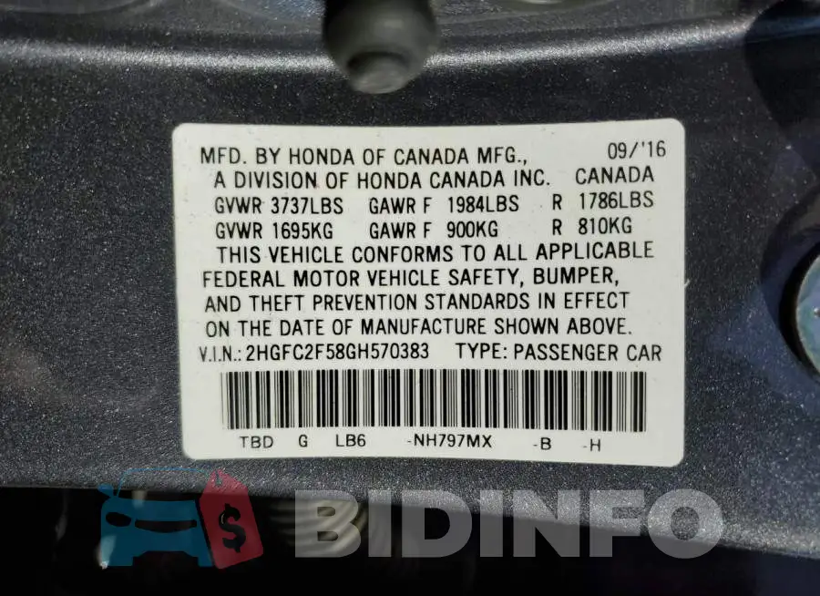 2HGFC2F58GH570383 Photo# 12