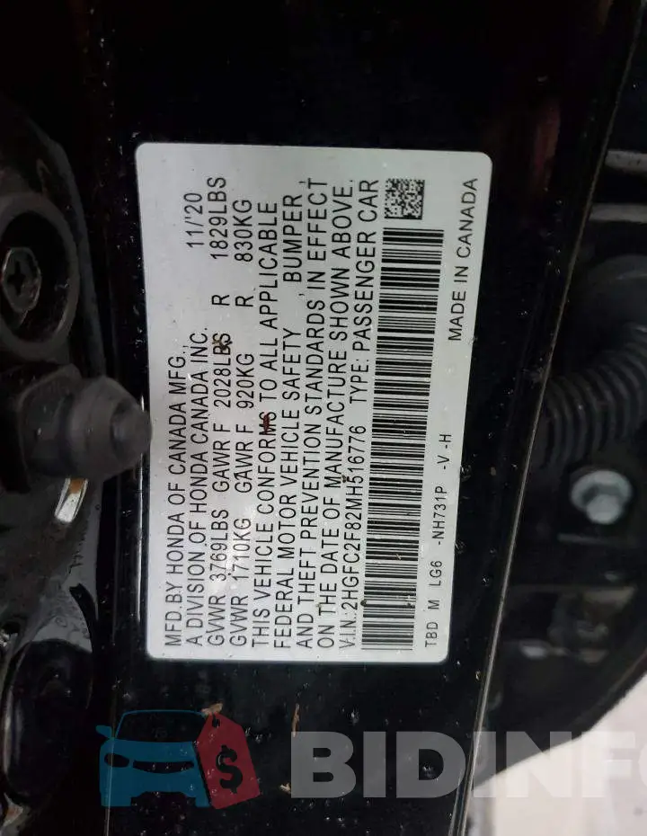 2HGFC2F82MH516776 Photo# 13