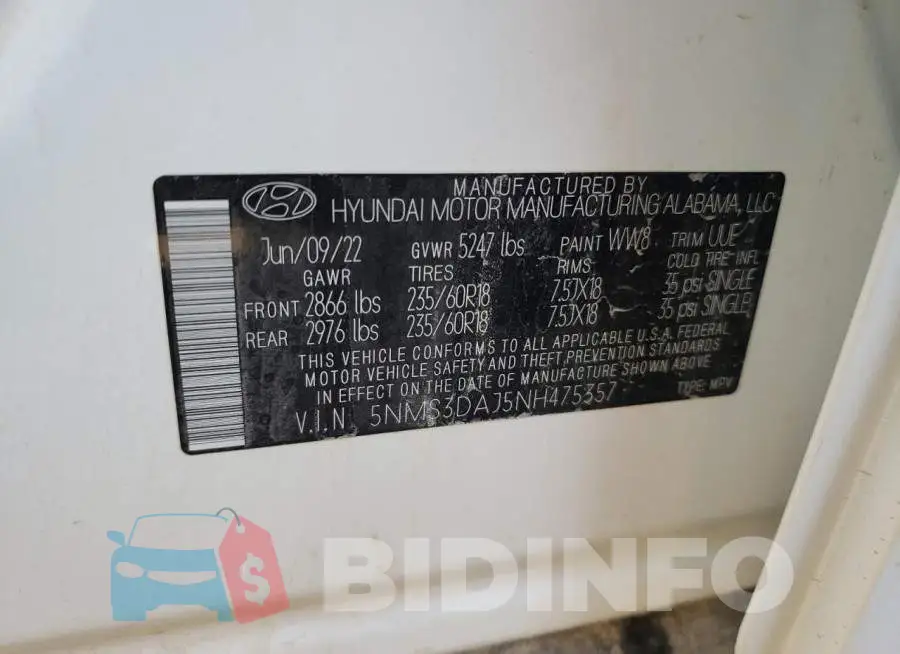 5NMS3DAJ5NH475357 Photo# 10