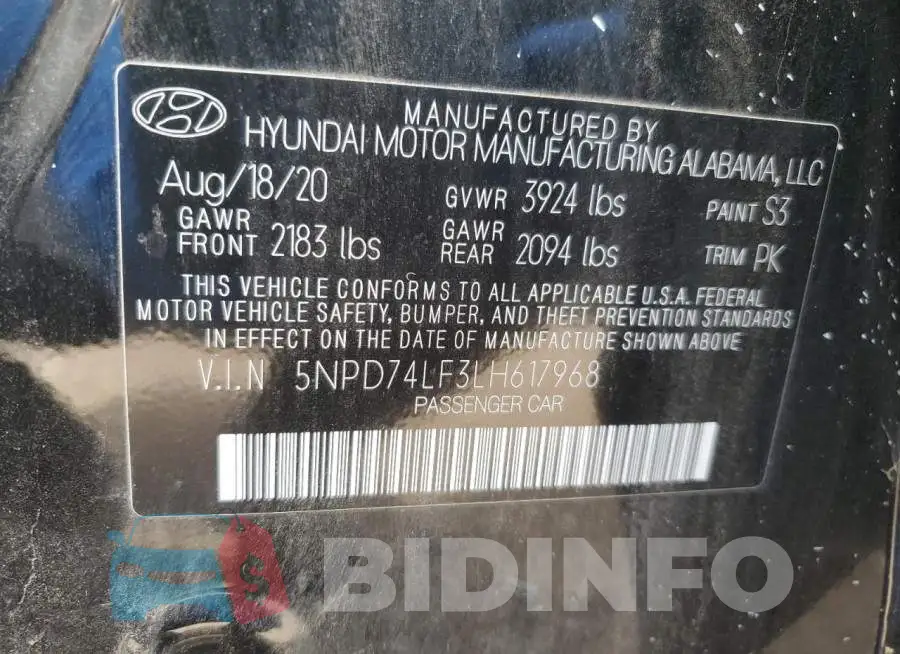 5NPD74LF3LH617968 Photo# 10