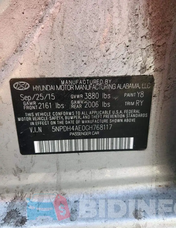 5NPDH4AE0GH768117 Photo# 12
