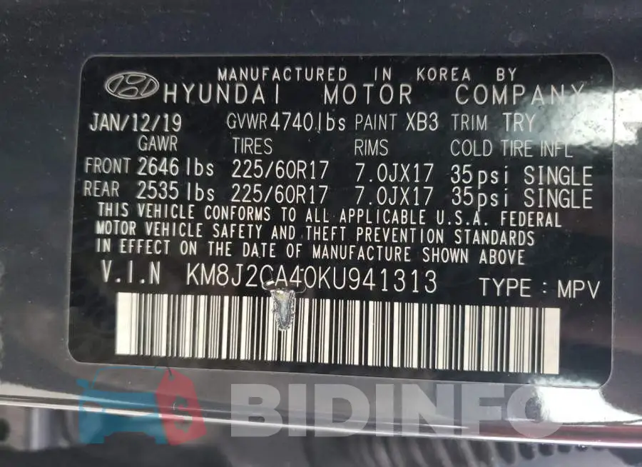 KM8J2CA40KU941313 Photo# 13
