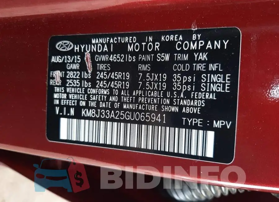 KM8J33A25GU065941 Photo# 14