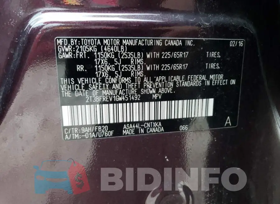 2T3BFREV1GW451492 Photo# 13