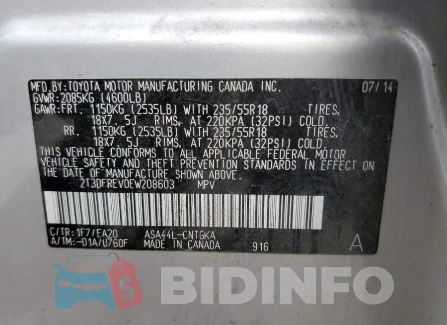 2T3DFREV0EW208603 Photo# 14