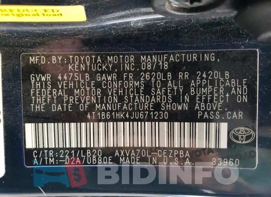 4T1B61HK4JU671230 Photo# 12