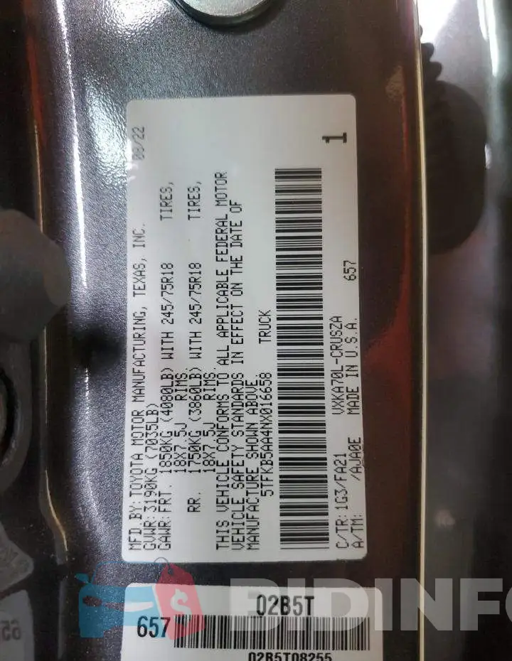 5TFKB5AA4NX016658 Photo# 12