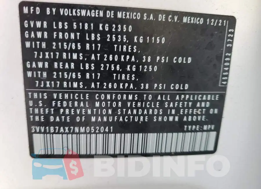 3VV1B7AX7NM052041 Photo# 14