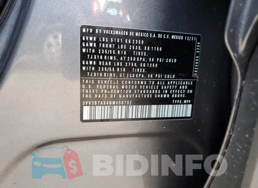 3VV3B7AX4NM058792 Photo# 10