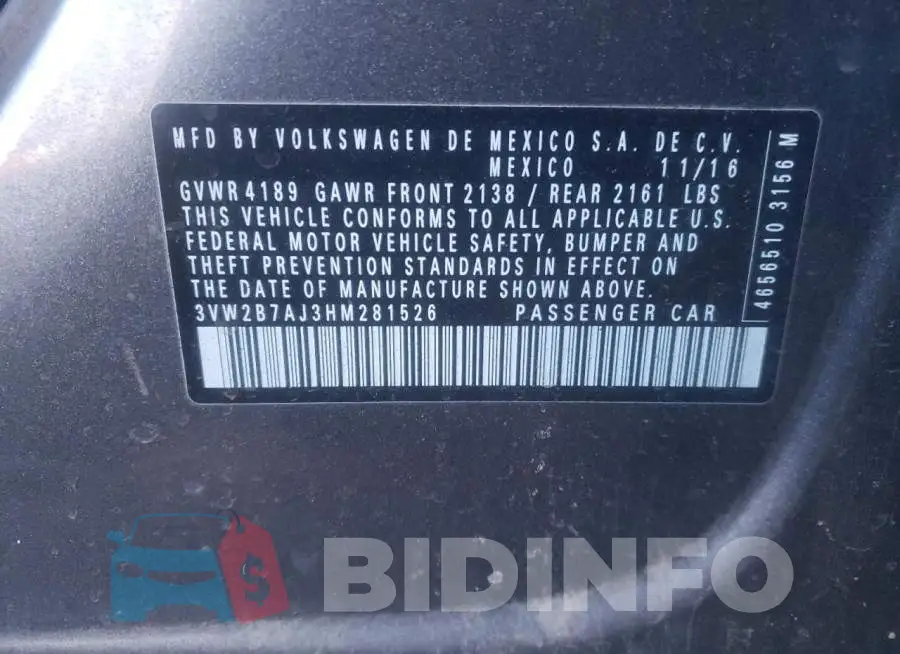 3VW2B7AJ3HM281526 Photo# 13