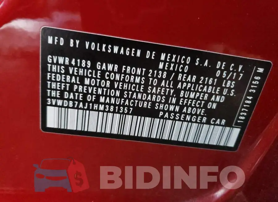 3VWDB7AJ1HM381357 Photo# 13