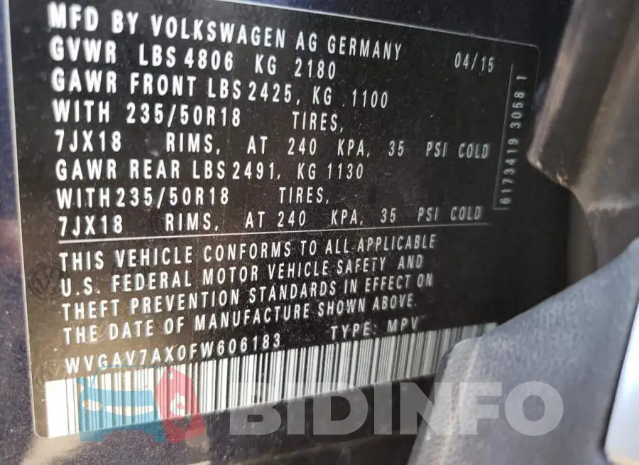 WVGAV7AX0FW606183 Photo# 13