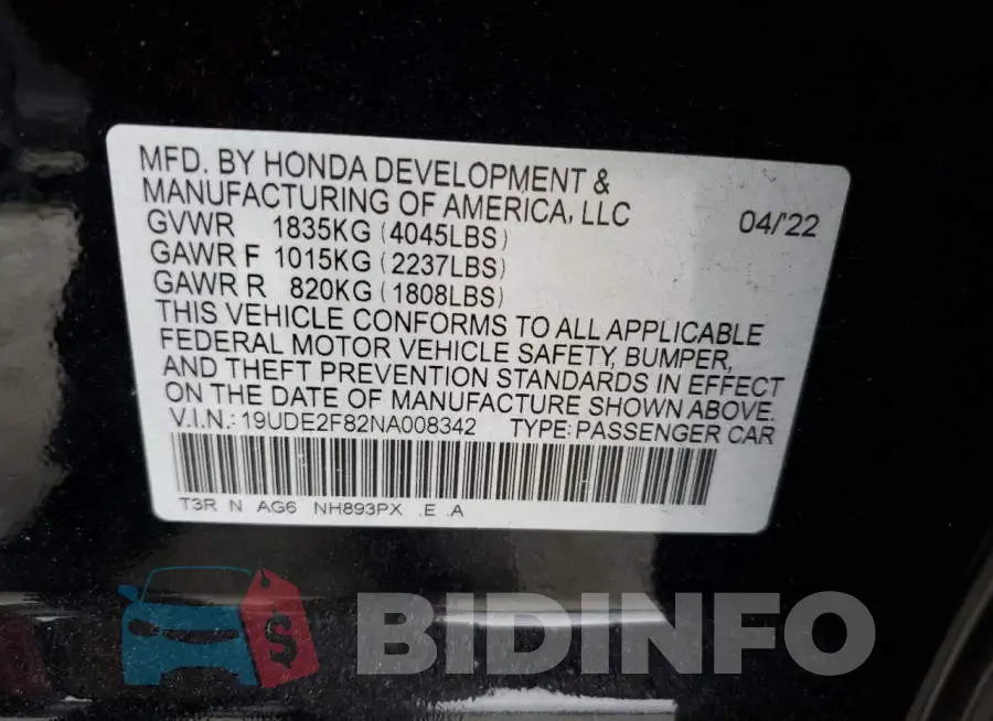 19UDE2F82NA008342 Photo# 13