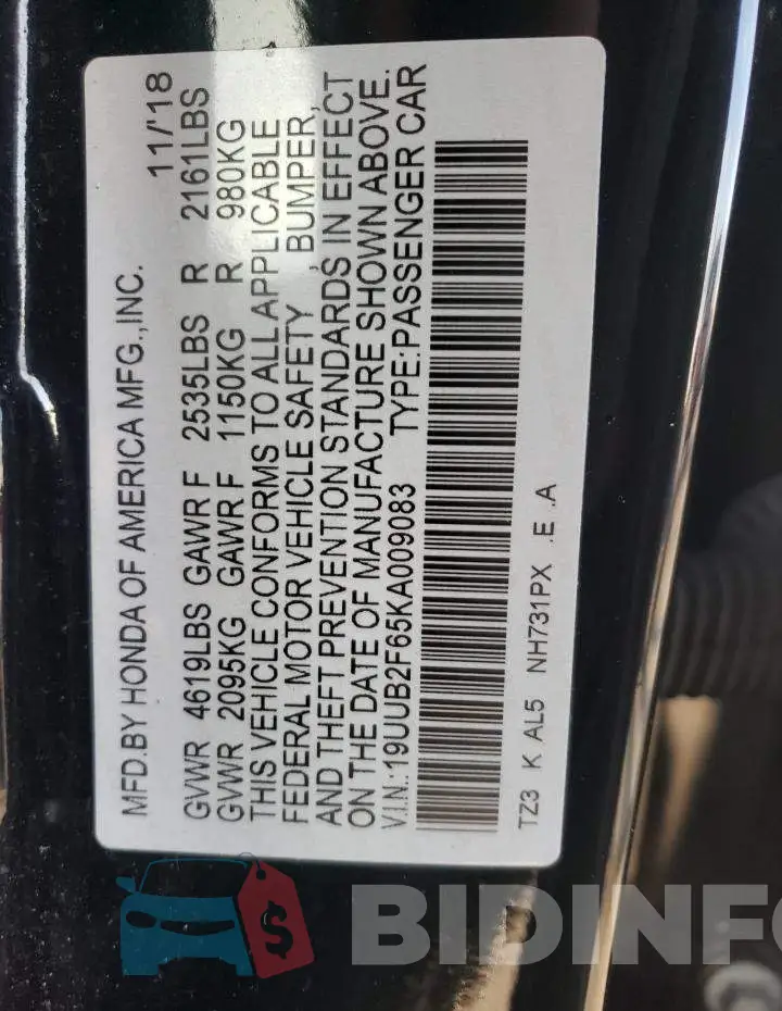 19UUB2F65KA009083 Photo# 13