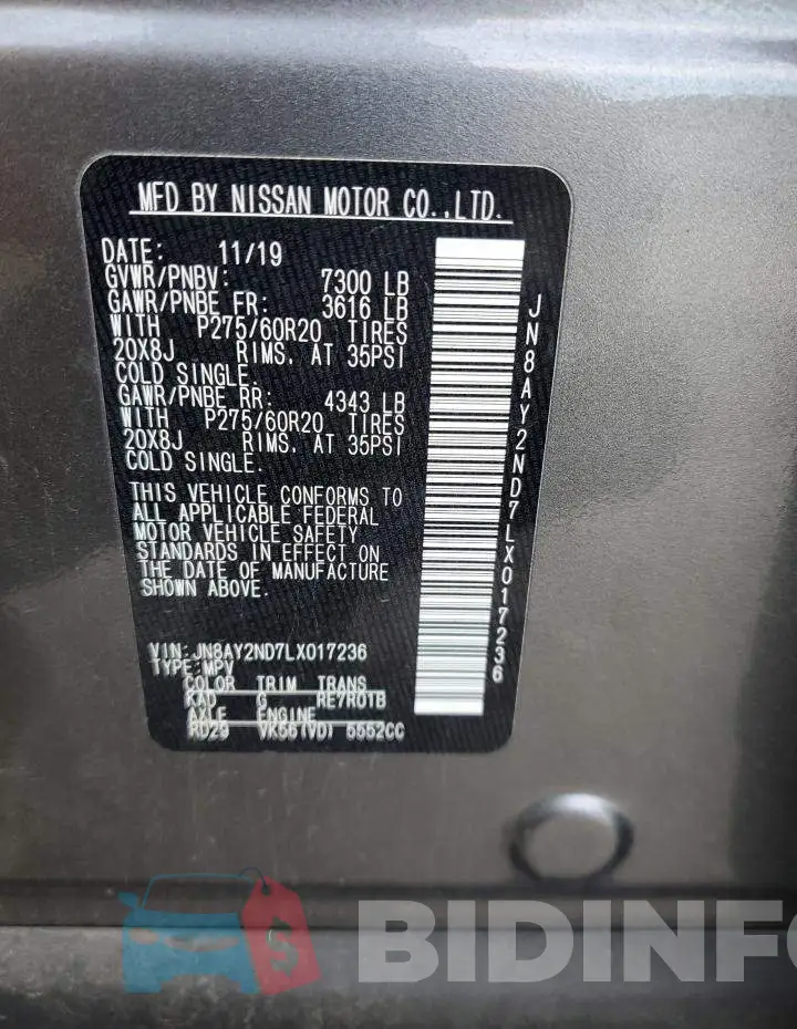 JN8AY2ND7LX017236 Photo# 12