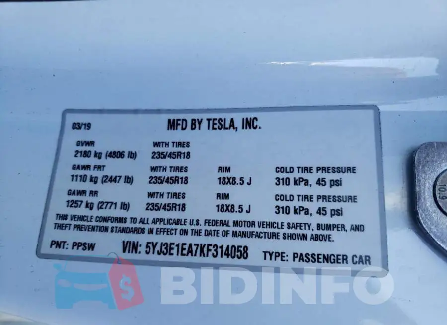 5YJ3E1EA7KF314058 Photo# 12
