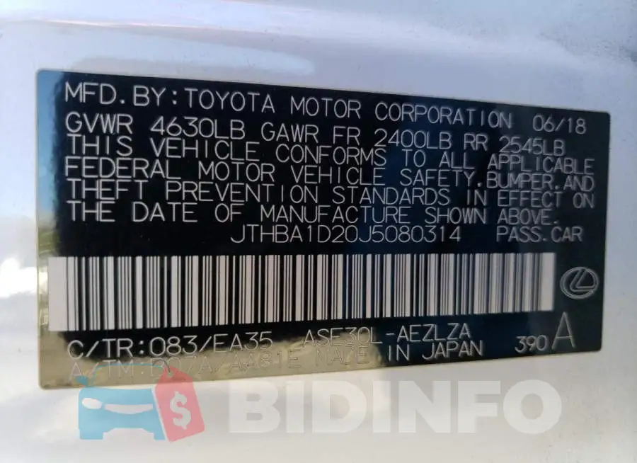 JTHBA1D20J5080314 Photo# 12