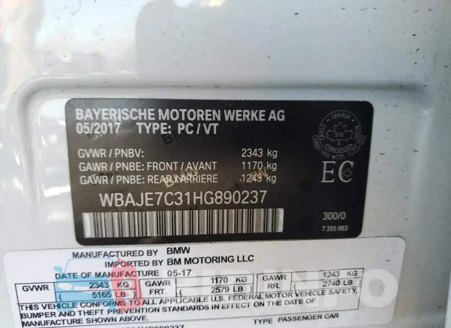 WBAJE7C31HG890237 Photo# 12