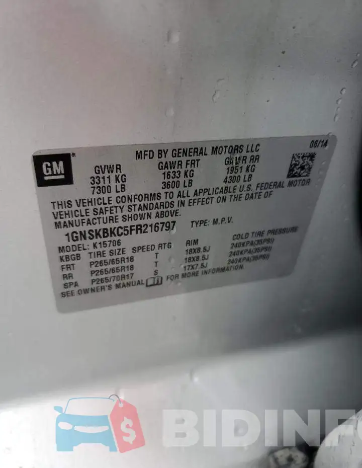 1GNSKBKC5FR216797 Photo# 13