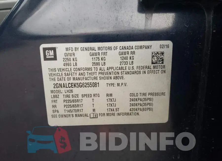 2GNALCEK5G6255081 Photo# 13
