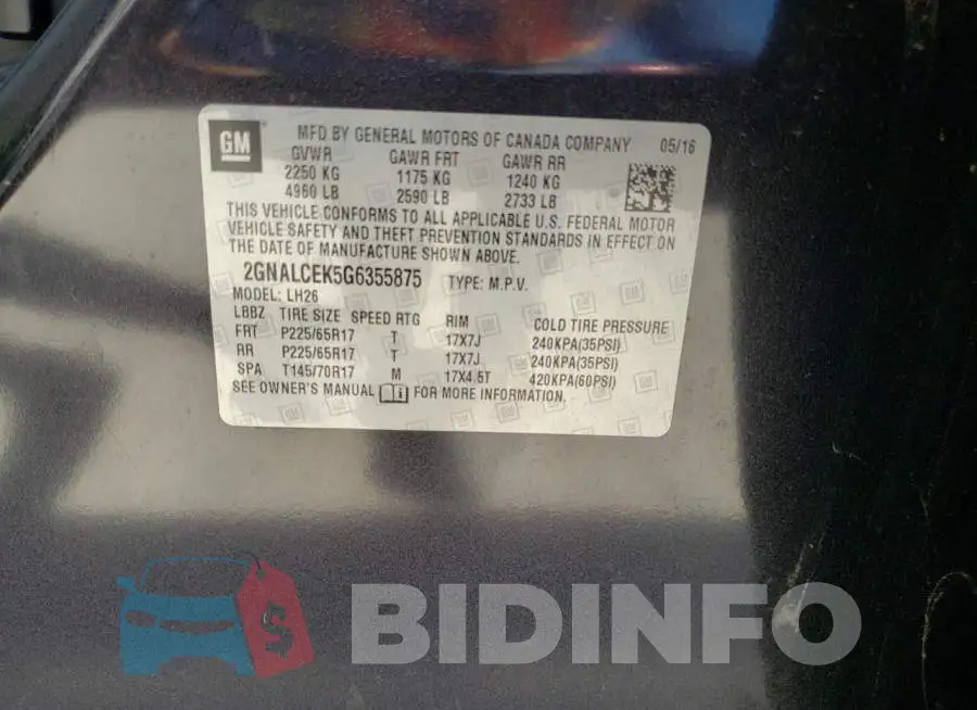 2GNALCEK5G6355875 Photo# 14