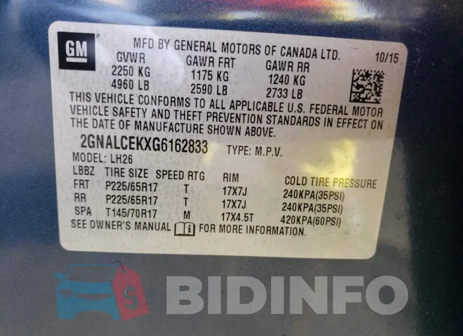2GNALCEKXG6162833 Photo# 13