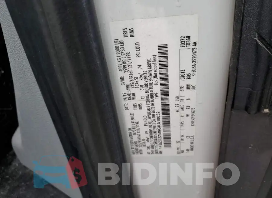 1FBZX2ZM9GKA18052 Photo# 13