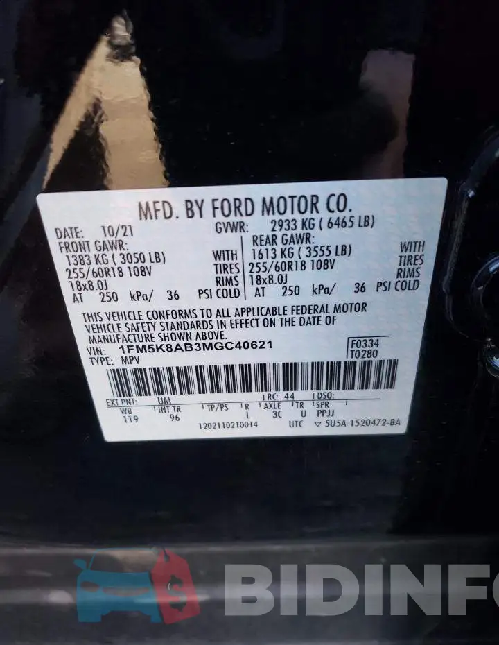 1FM5K8AB3MGC40621 Photo# 13