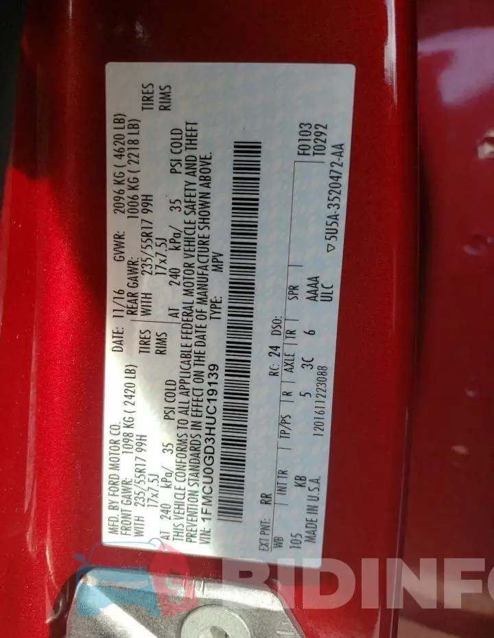 1FMCU0GD3HUC19139 Photo# 12