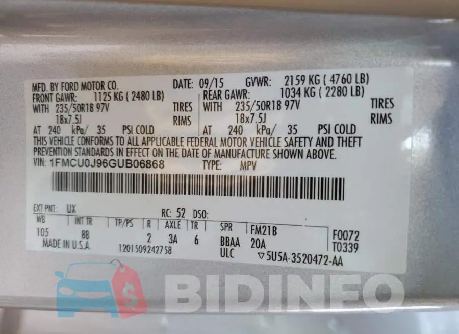 1FMCU0J96GUB06868 Photo# 12