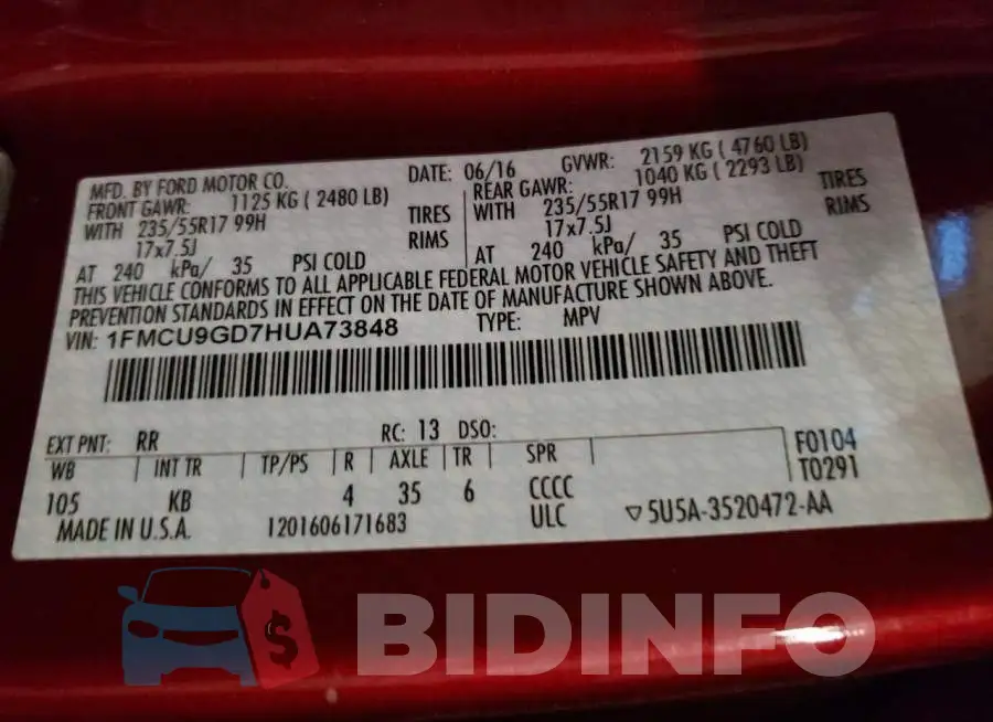 1FMCU9GD7HUA73848 Photo# 13