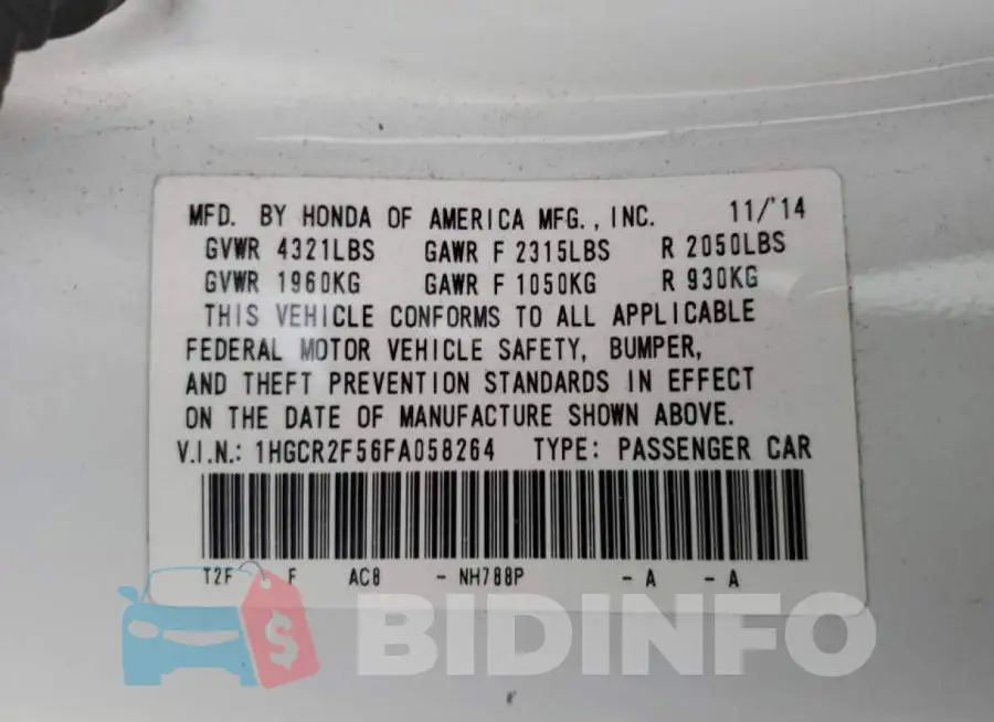 1HGCR2F56FA058264 Photo# 12