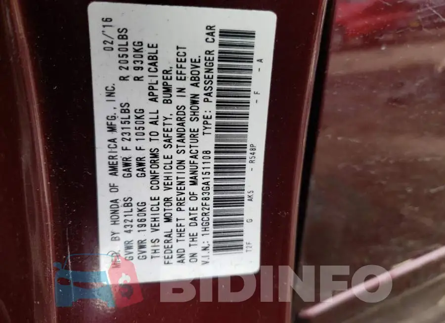 1HGCR2F83GA151108 Photo# 12