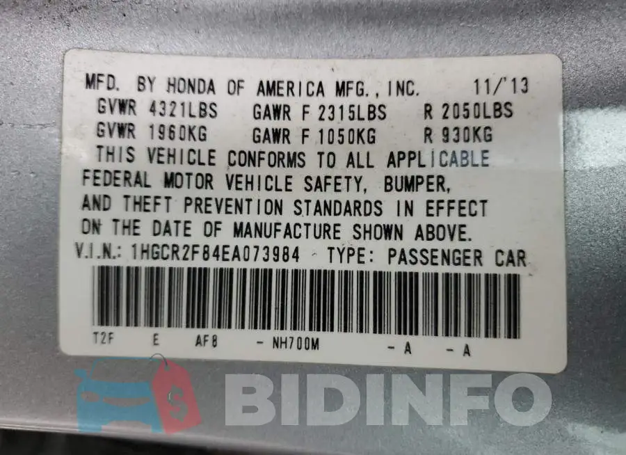 1HGCR2F84EA073984 Photo# 12