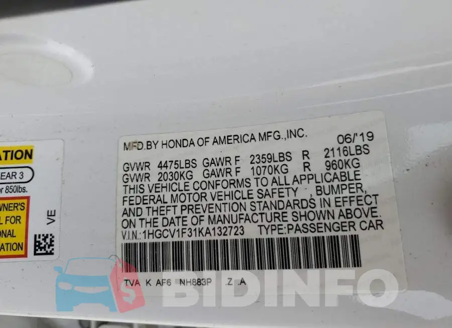 1HGCV1F31KA132723 Photo# 12