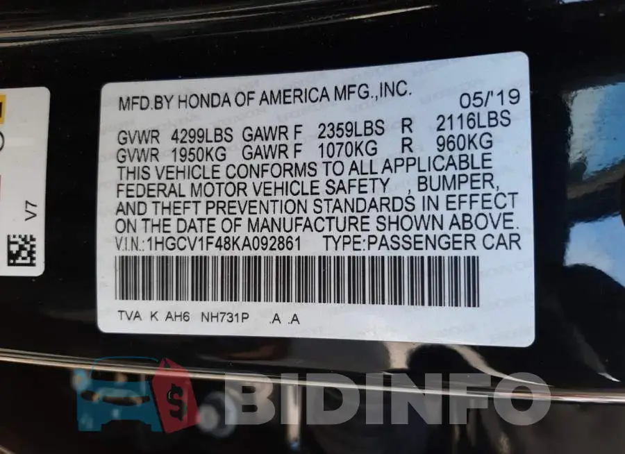 1HGCV1F48KA092861 Photo# 10