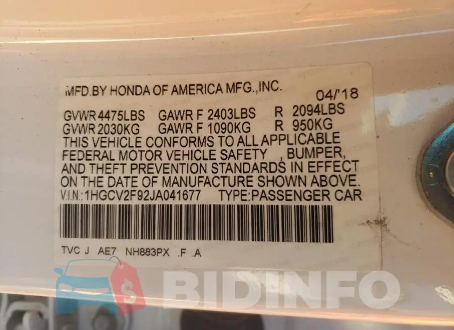 1HGCV2F92JA041677 Photo# 12