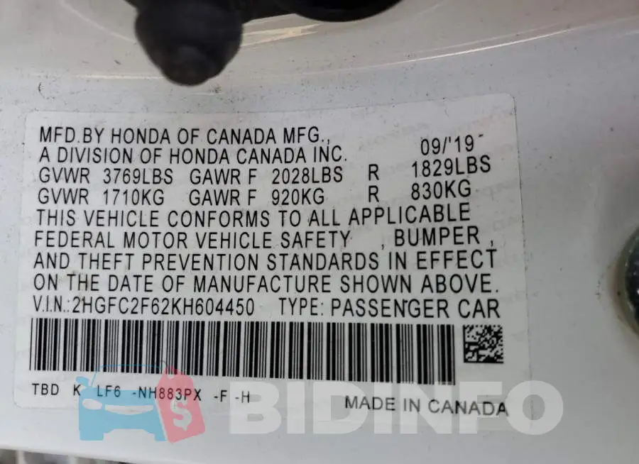 2HGFC2F62KH604450 Photo# 12