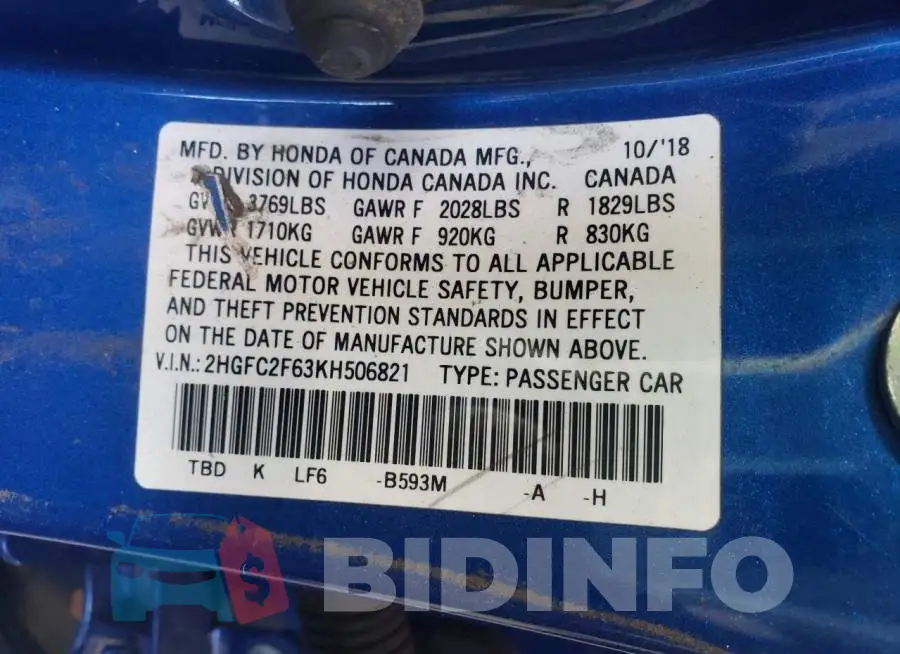 2HGFC2F63KH506821 Photo# 12